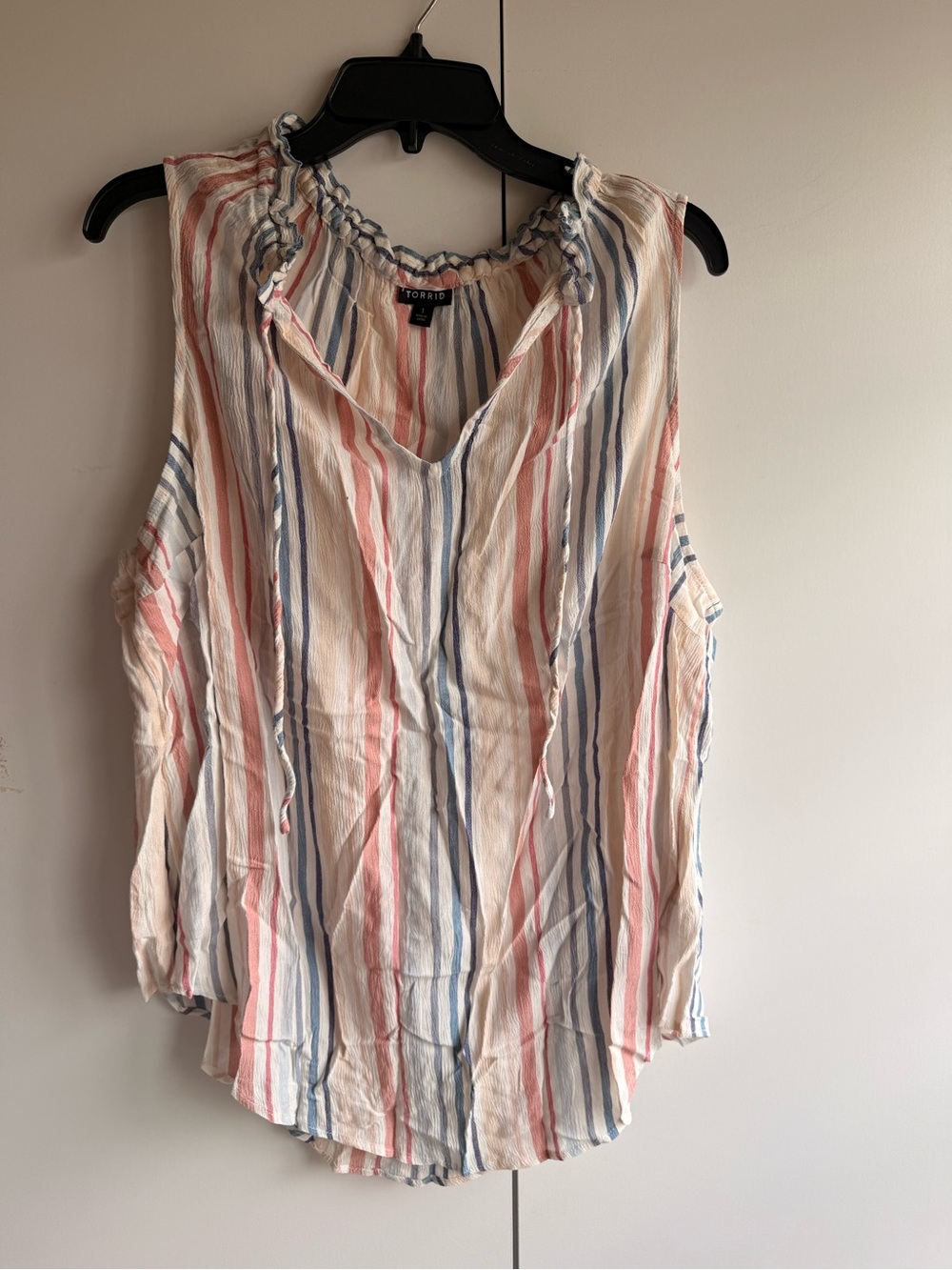 torrid Cream Sleeveless Tie-Neck Top with Pink & Blue Stripes